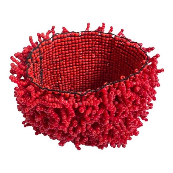 Handmade Red Beaded Stretch Cuff Bracelet Coral Look Beach Boho Wide Statement - Picture 4 of 5